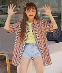 レインボーチェックシャツ　大きめサイズの韓国ファッション