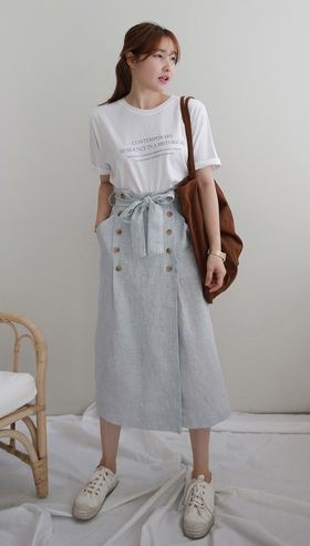 ダブルボタンピンストライプスカート　レディース　韓国ファッション
