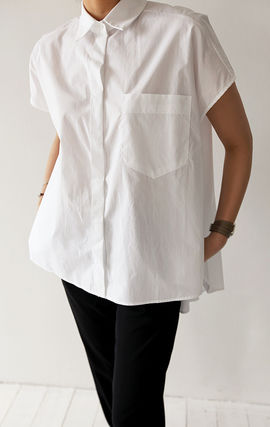 韓国ファッション　littleblack アンバランスヘム半袖シャツ