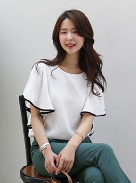 韓国ファッション　通販　mayblue　配色ポイントフレア袖ブラウス