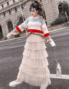 韓国ファッション通販　ストライプ　レーススカート
